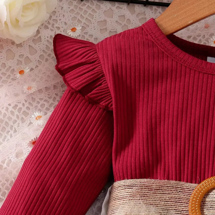 Saia de flor vermelha manga comprida feminina, vestido de ano novo, aniversário, roupa de festa de casamento, outono, 1-7 anos