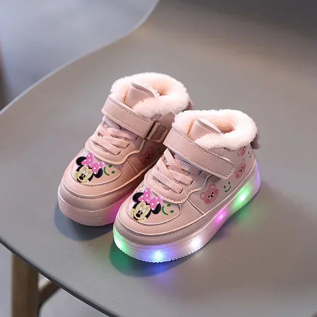 Disney crianças dos desenhos animados minnie sapatos casuais de sola macia meninas iluminar tênis bebê mais veludo quente botas curtas sapatos de algodão