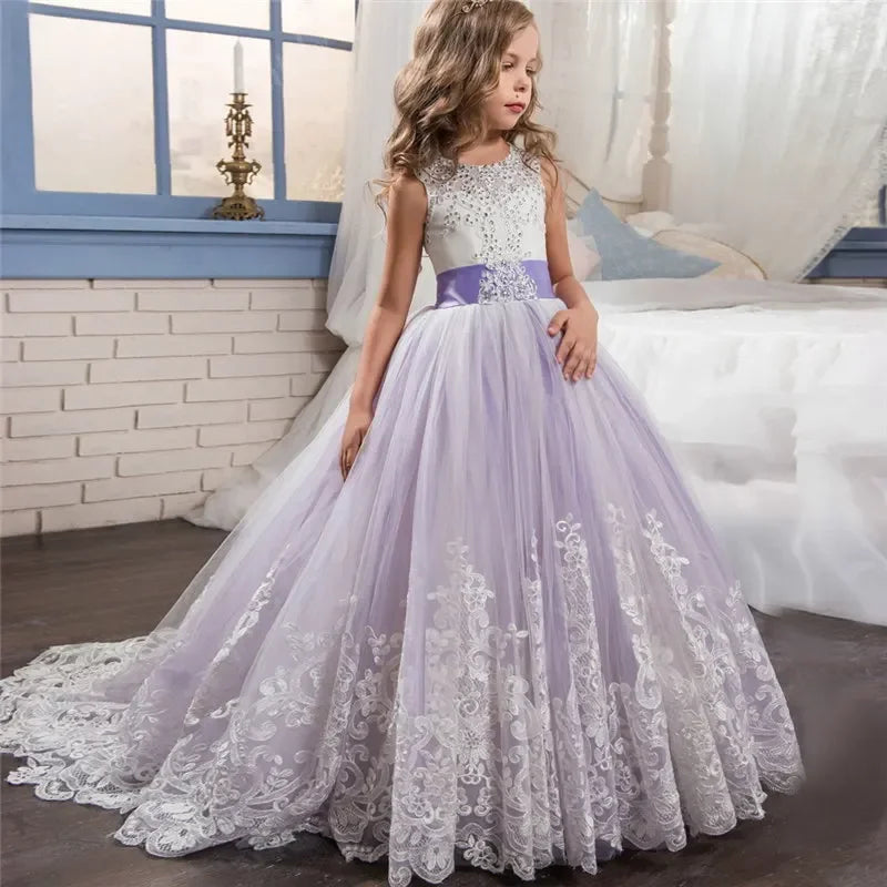 Vestido de baile longo branco elegante para meninas adolescentes, wedding Tailing, Birthday Party Dresses, Evening Bridesmaid, Children, 12 anos, 13 anos, 14 anos