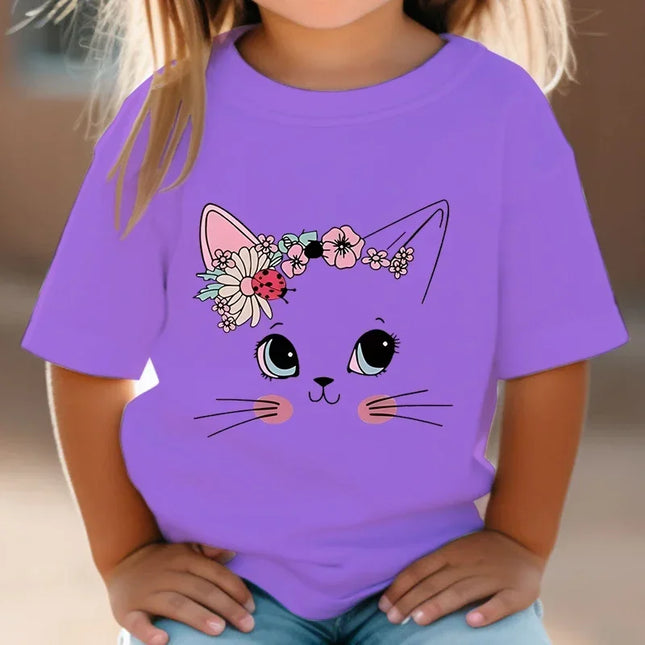 T-shirt de manga curta para meninas, flor, gato, floral, gatinho, branco, manga curta, selvagem, bonito, animal, desenhos animados, verão