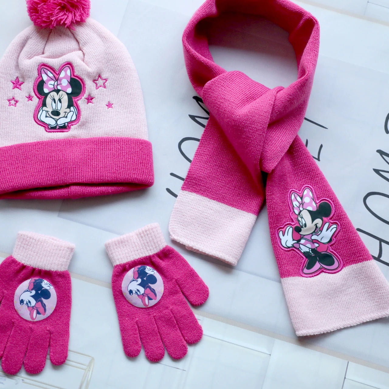 Disney-Children's Minnie Cartoon Scarf Hat and Glove, Quente, Bonito, Menino, Menina, Criança, Presente de Natal, Novo, Outono e Inverno, 3 pcs