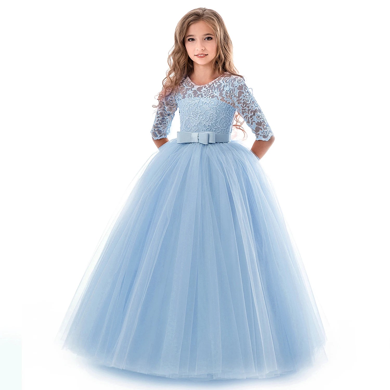 Girls 'Long Lace Prom Gowns, Vestidos de dama de honra para crianças, Adolescentes Girl Party Dress, Princesa Evening Vestido De Noiva Formal