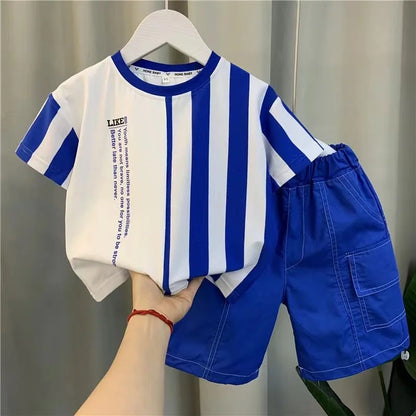 Camiseta e shorts listrados de manga curta infantil, conjunto de roupas de verão para meninos, terno esportivo infantil, novo, 1-8t, 2 peças