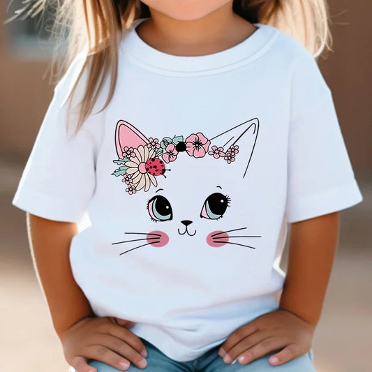 T-shirt de manga curta para meninas, flor, gato, floral, gatinho, branco, manga curta, selvagem, bonito, animal, desenhos animados, verão