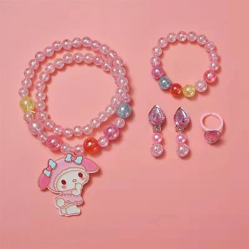 Sanrio Cartoon Hello Kitty Colar e Pulseira Set para Meninas, Kawaii Jóias Acessórios, Presentes de Aniversário, 4Pc Set