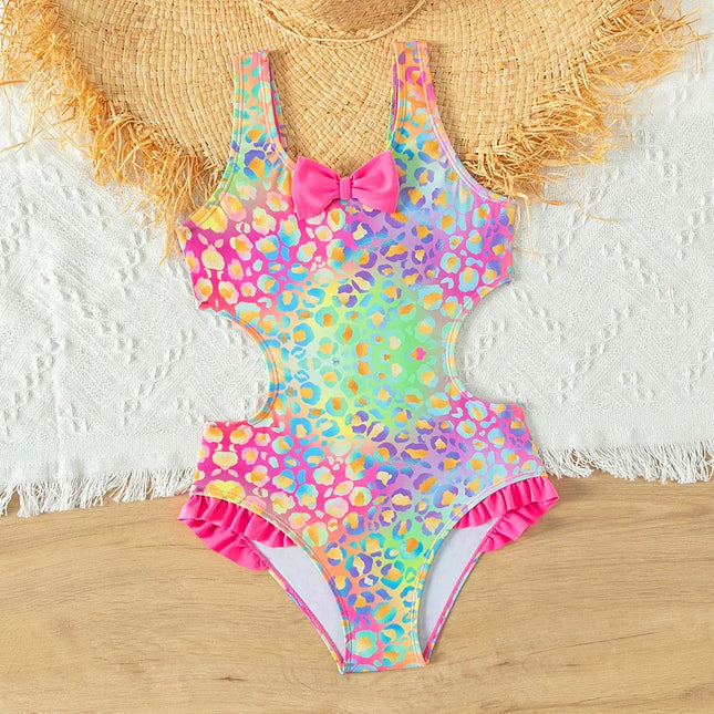 Maiô colorido e brilhante para meninas, maiô de peça única para meninas adolescentes, banho plissado com arco, roupa de praia verão, roupa de banho