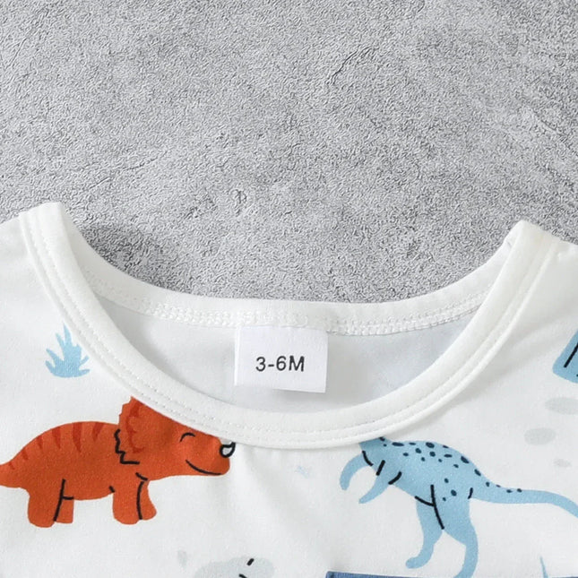 Dinossauro do bebê menino impressão t-shirt top set, decoração de nó falso, shorts de bolso, bonito, casual, verão, 2 peças