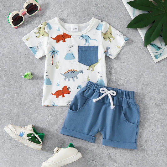 Dinossauro do bebê menino impressão t-shirt top set, decoração de nó falso, shorts de bolso, bonito, casual, verão, 2 peças