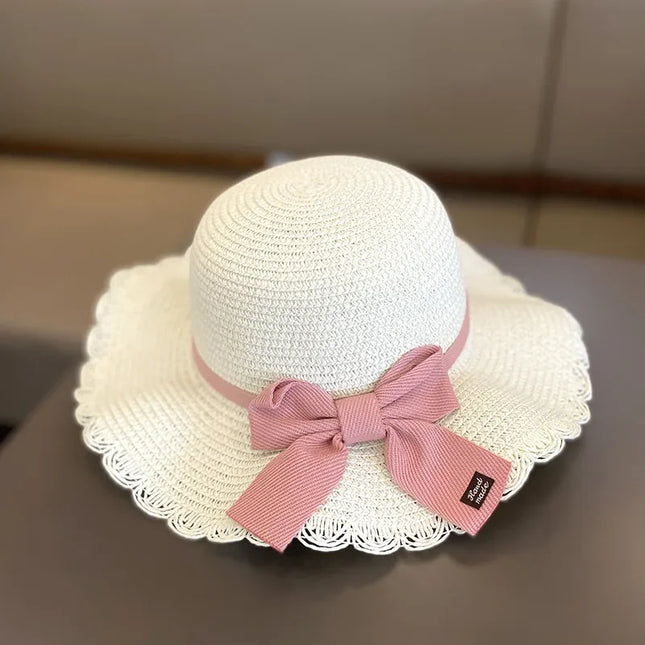 Verão Meninas Praia Chapéus De Sol Lótus Folha Brim Bonito Squinting Olhos Bowknot Outdoor Sun Protection Crianças Cap Palha Crianças