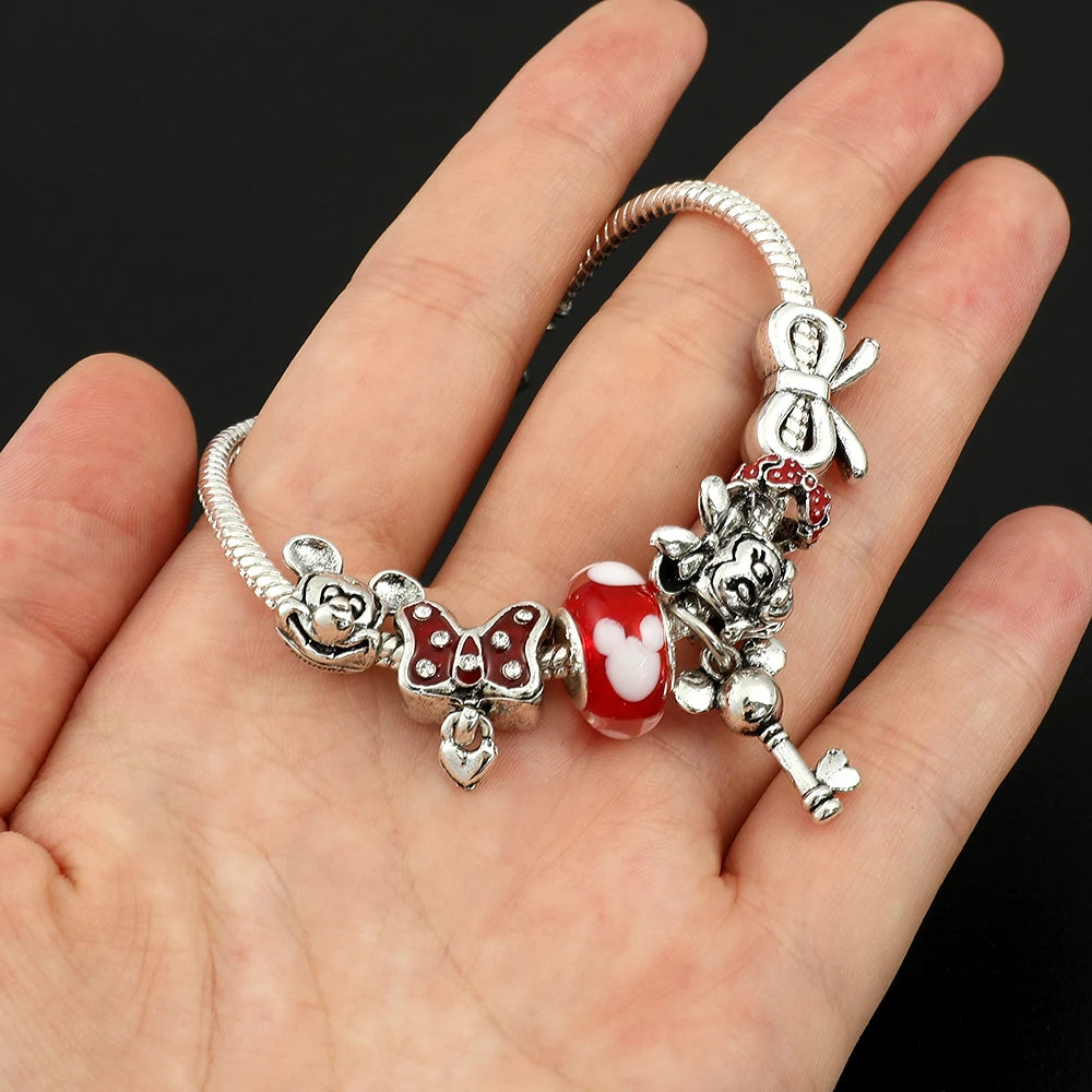 Disney Mickey Minnie Pingente Bead Pulseira, Cor Prata, Coração Charme, Jóias Acessórios para Meninas