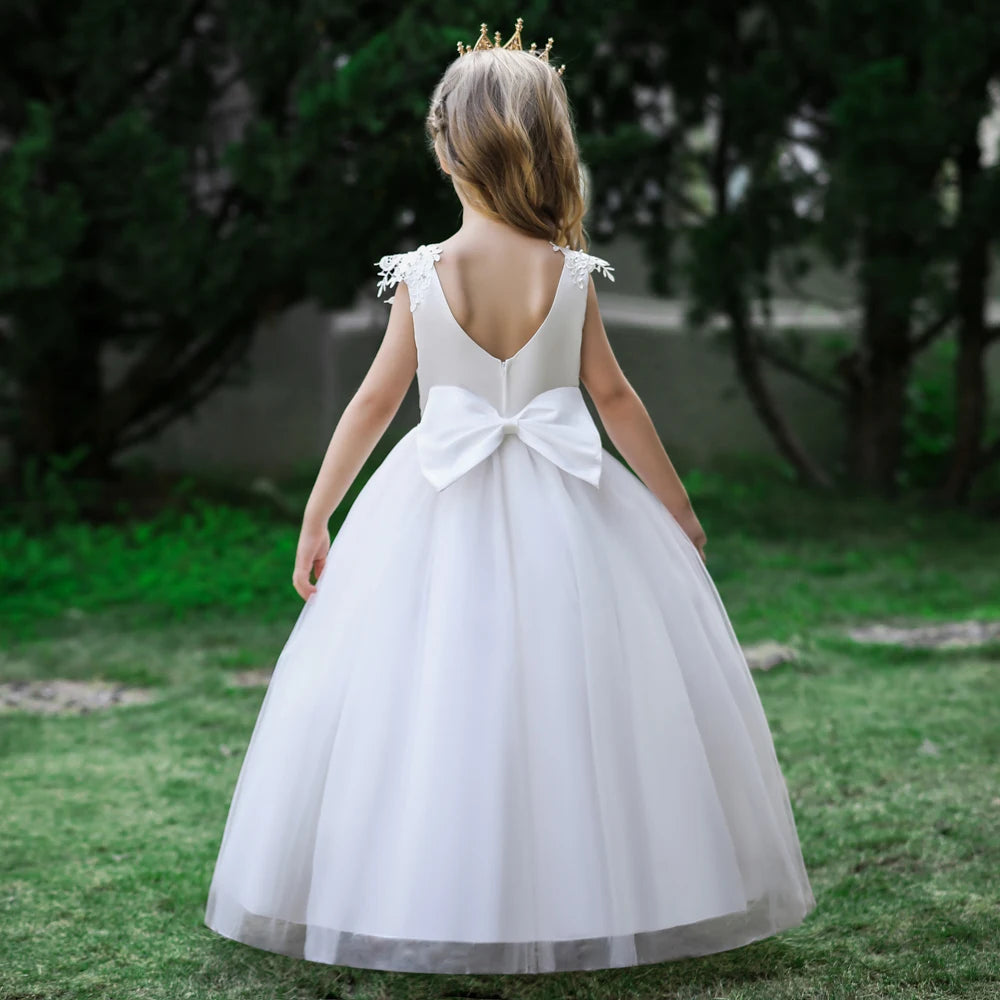 Vestido de dama de honra formal para meninas, vestido de noiva branco, princesa baile, vestidos infantis, traje de aniversário, arco