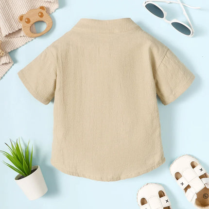 Camiseta monocromática de manga curta masculina e infantil, camisa de peito, gola em pé, cavalheiro, estilo simples, bebê, verão