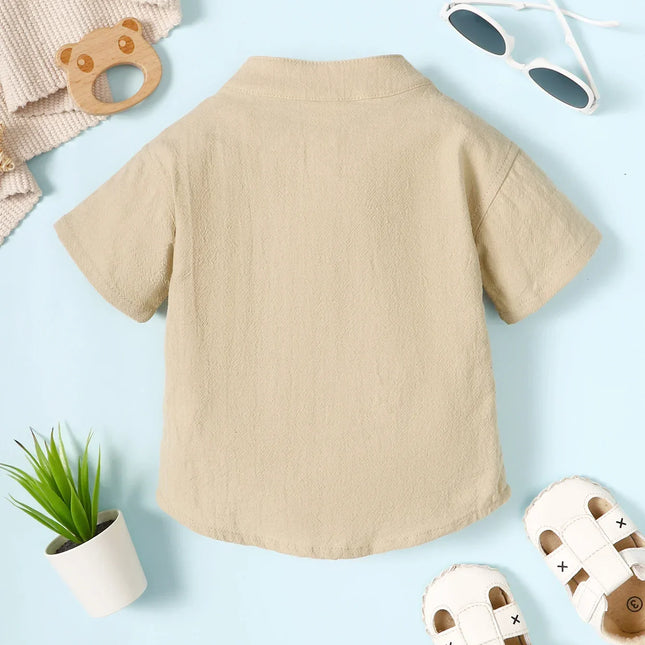 Camiseta monocromática de manga curta masculina e infantil, camisa de peito, gola em pé, cavalheiro, estilo simples, bebê, verão