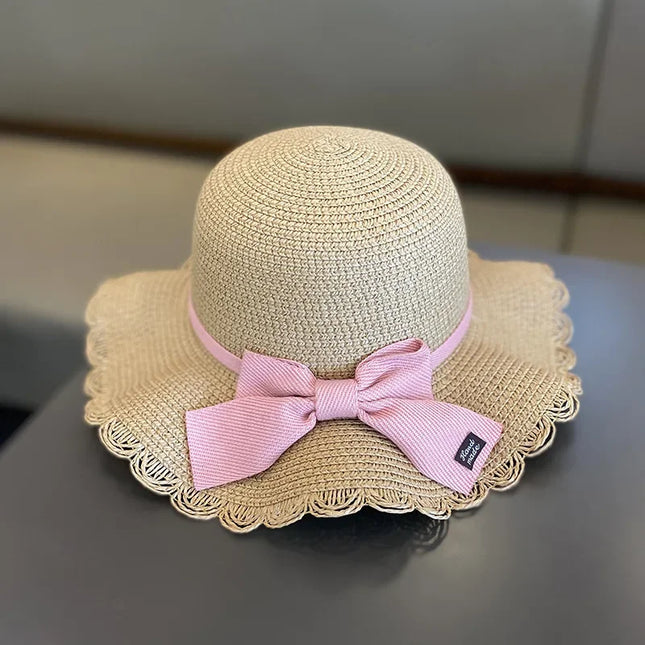 Verão Meninas Praia Chapéus De Sol Lótus Folha Brim Bonito Squinting Olhos Bowknot Outdoor Sun Protection Crianças Cap Palha Crianças