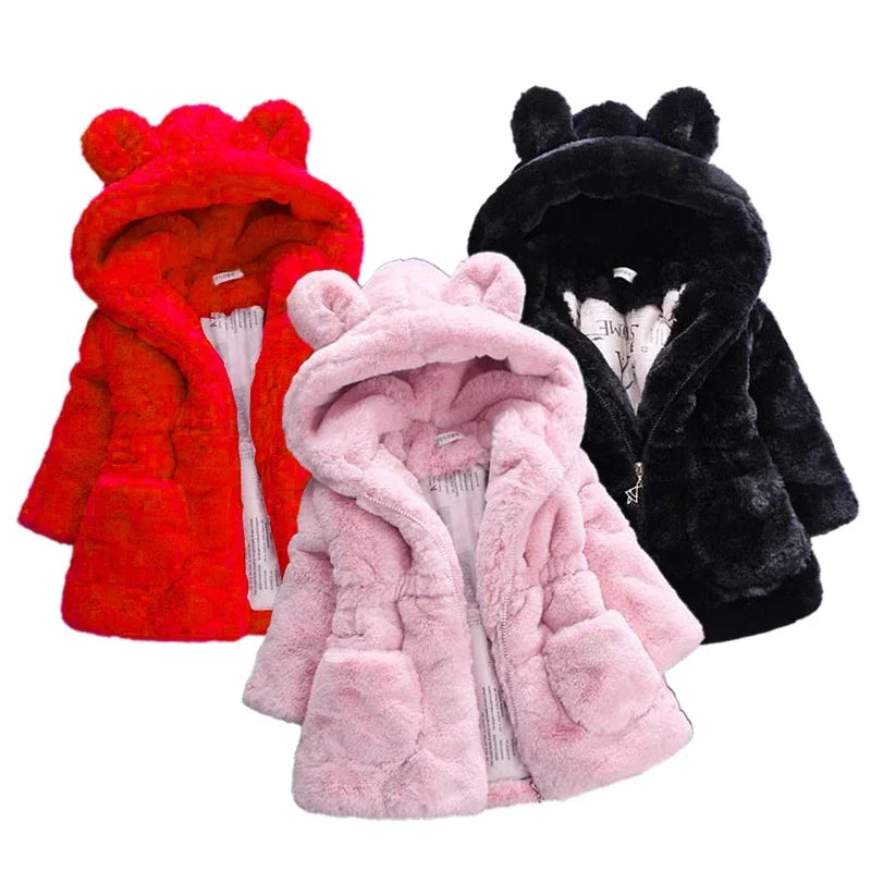 Jaqueta com capuz de pele sintética para bebês, Casacos quentes de inverno, Casacos grossos, Roupas infantis, Moda, 2, 3, 4, 6, 7 anos