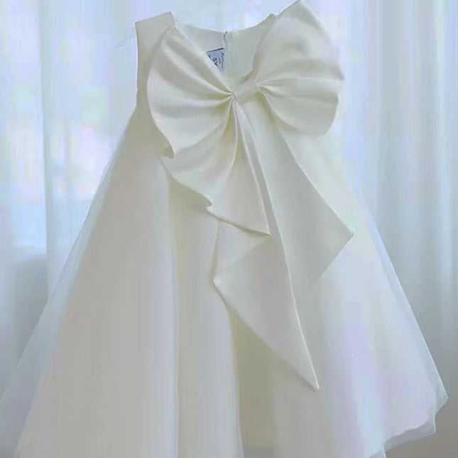 Vestido bonito da flor com arco grande, Vestido de festa de aniversário, Vestido de casamento, Lavando o vestido, Comunhão sagrada