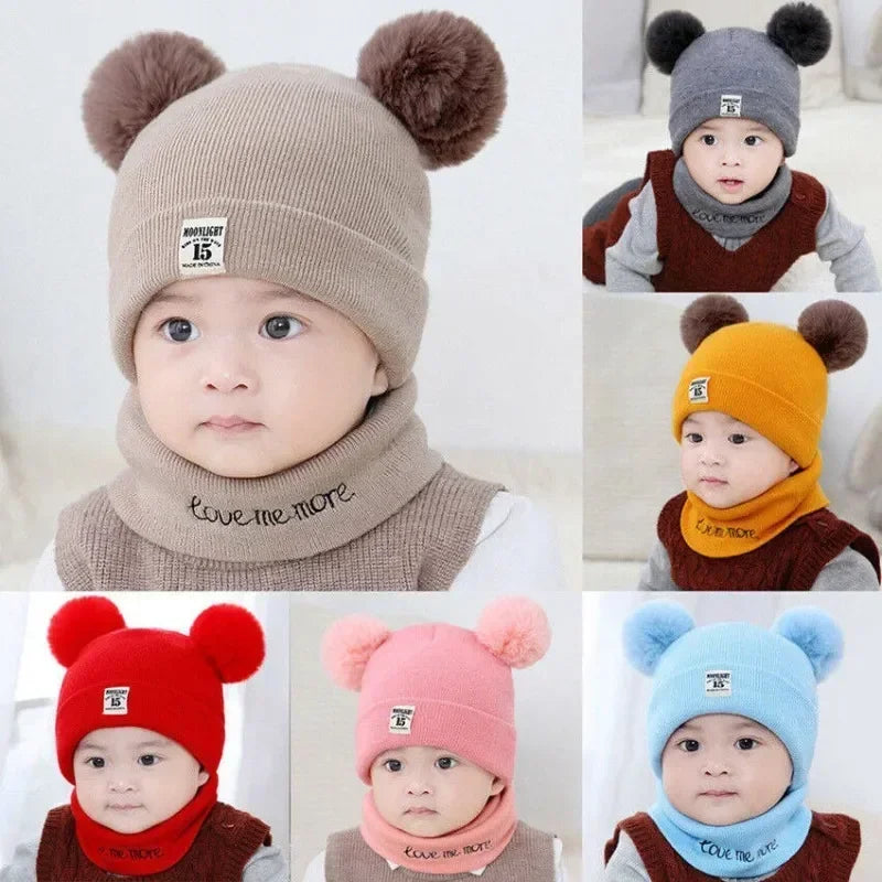 Inverno quente bebê malha chapéus com cachecol crianças gorro de malha chapéus cor sólida chapéu infantil para a criança meninos meninas acessórios