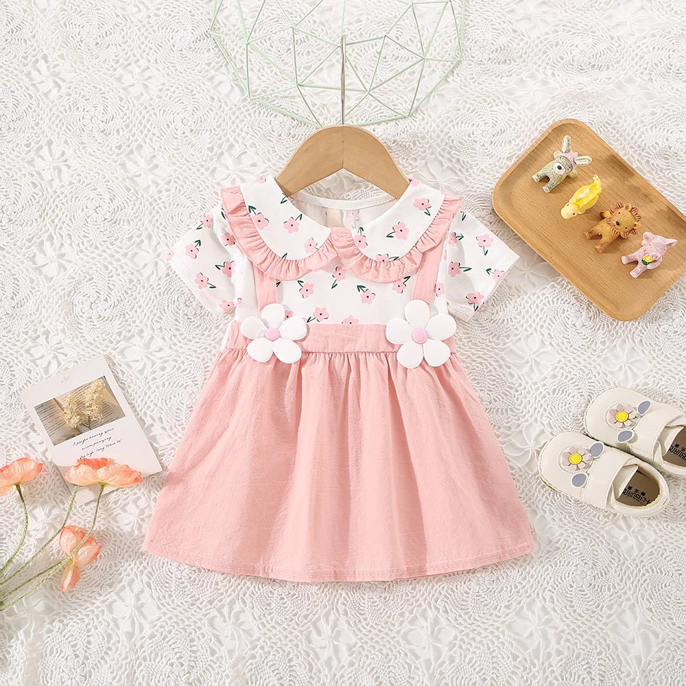 Vestido de alça de flor para bebê, Decoração de flores, colarinho dobrável, doce vestido de princesa, verão, novo