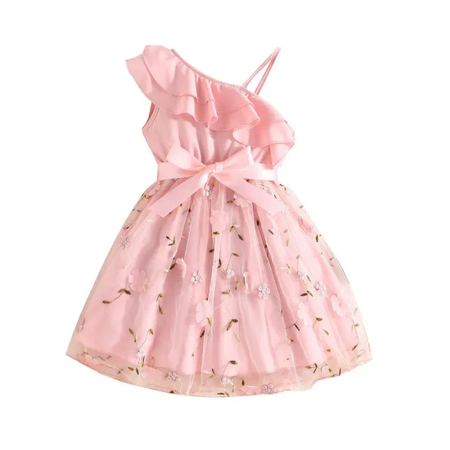 Vestido bordado com babados para crianças, Vestidos de princesa floral sem mangas, Vestido de aniversário para bebês, 2 a 7 anos