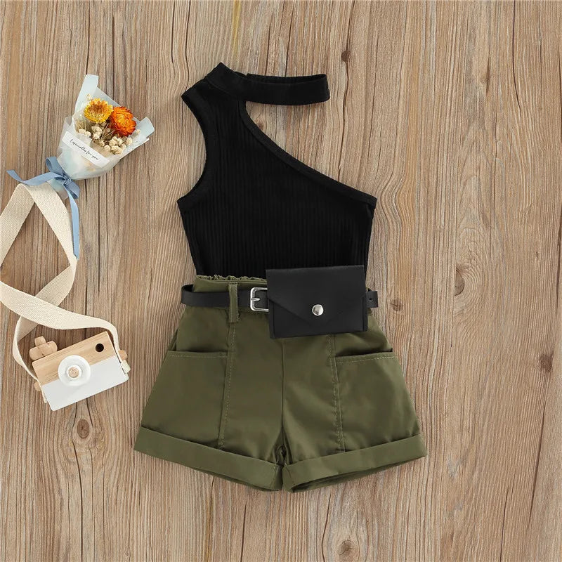 Conjunto de roupas estilo casual para meninas, tops, shorts, bolsa de cintura, decoração de bolsos infantil de 1 a 5 anos