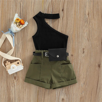 Conjunto de roupas estilo casual para meninas, tops, shorts, bolsa de cintura, decoração de bolsos infantil de 1 a 5 anos