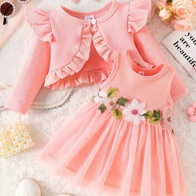 Verão da menina do bebê Cintura Flor Regata, Vestido de malha, Casaco Mesma Cor, Mesma Cor, Acessórios para Cabelo, Doce Conjunto