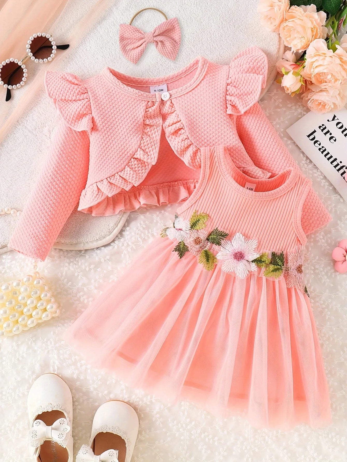 Verão da menina do bebê Cintura Flor Regata, Vestido de malha, Casaco Mesma Cor, Mesma Cor, Acessórios para Cabelo, Doce Conjunto