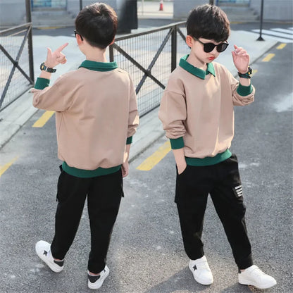 Conjunto de suéter e calças de manga comprida infantil, roupa de treino infantil, roupa estampada em letras, casual, primavera, outono, 3 a 14 anos, 2 peças, 2023