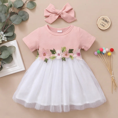 Princesa vestido bordados flores para menina, saia de tule manga curta, vestido de verão para crianças pequenas