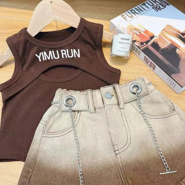 Colete vazado estampado com letra feminina, roupas infantis de verão, shorts gradiente na moda, roupas infantis coreanas, 2024