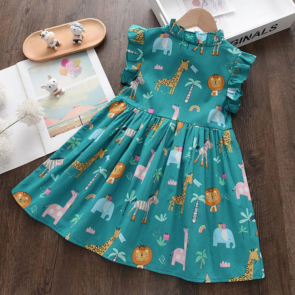 Líder urso Cartoon Print Baby Girls Princess Dress Nova Moda Verão Floral Toddler Kid Party Clothes Crianças Vestido