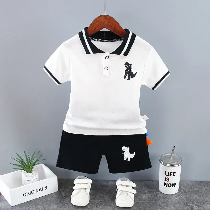 Roupas de verão para bebês meninos de 9 a 12 meses, camisetas com estampa de dinossauro, gola virada para baixo, tops e shorts, 2 peças, conjuntos de roupas infantis