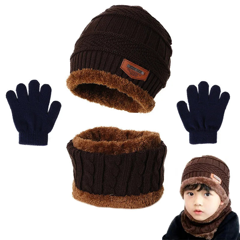 Inverno Chapéu Cachecol e Luvas Set Plush Warmer Crianças Chapéu De Malha Bebê Meninos Gorros Cap Neck Scarf Glove Suit Para Crianças Accessori