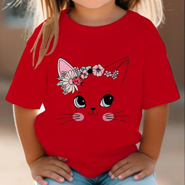 T-shirt de manga curta para meninas, flor, gato, floral, gatinho, branco, manga curta, selvagem, bonito, animal, desenhos animados, verão