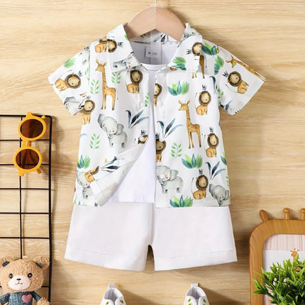 Baby Boy Casual Pequeno Animal Print Shorts de manga curta, Holiday Travel Shirt Set, confortável e respirável, verão, 2 pcs