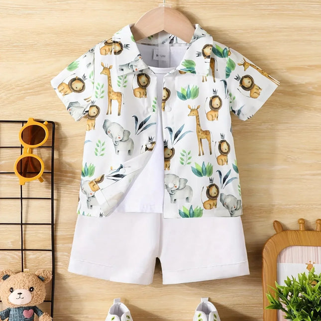 Baby Boy Casual Pequeno Animal Print Shorts de manga curta, Holiday Travel Shirt Set, confortável e respirável, verão, 2 pcs