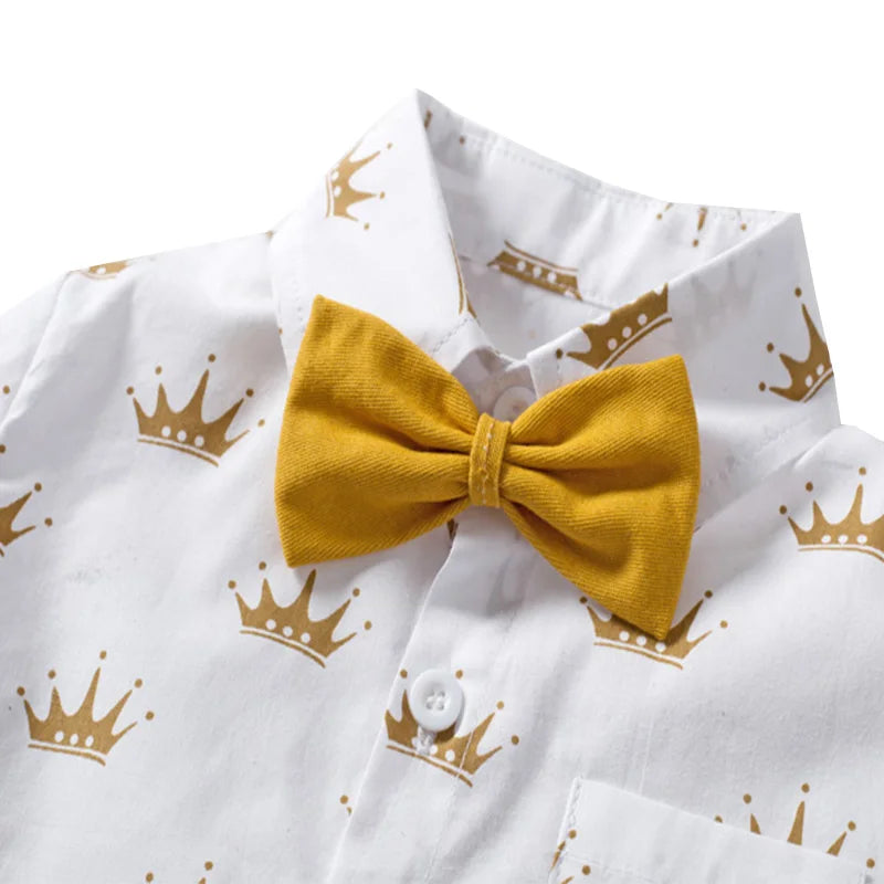 Camisa estampada coroa com laço e cinto de couro para meninos, roupa formal infantil, conjunto de roupas de festa de aniversário, verão, 1, 2, 3, 4, 5, 6 anos