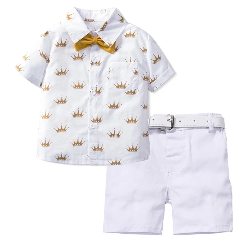 Camisa estampada coroa com laço e cinto de couro para meninos, roupa formal infantil, conjunto de roupas de festa de aniversário, verão, 1, 2, 3, 4, 5, 6 anos