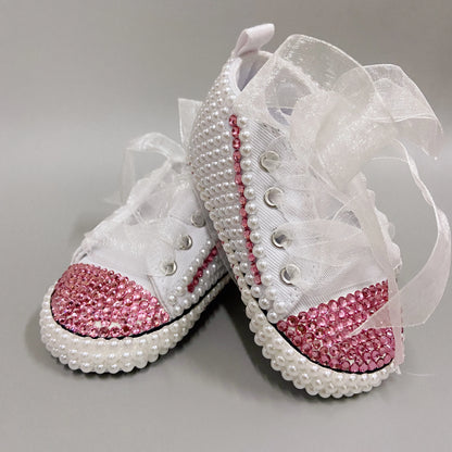 Dollbling Handmade Pérolas Brancas Berço Sapatos, Bling Rhinestone, Roupa de batismo, Wedding Sparkle, Organza, Batismo, 0-3m