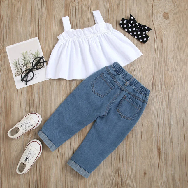 Conjuntos de roupas de verão feminino, Little Princess Baby Suits, Camisola, Calças jeans, Roupa de festa de aniversário, Roupa infantil nova, 2 anos, 3 anos, 4 anos, 5 anos, 6 anos