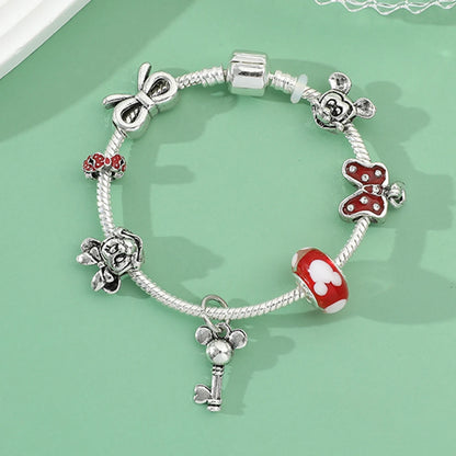 Disney Mickey Minnie Pingente Bead Pulseira, Cor Prata, Coração Charme, Jóias Acessórios para Meninas