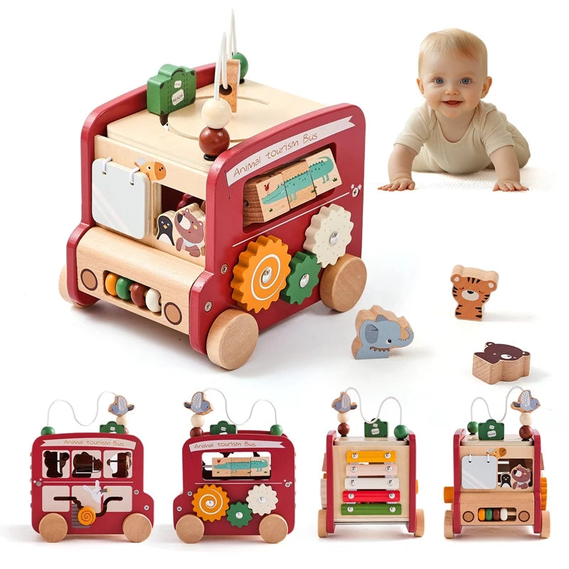 Polyhedron Wooden Montessori Car Toy para Crianças, Educação Infantil, Mão Cérebro, Órgão dos Sentido, Ônibus Ocupado, Presente para Bebês, 0-12Months