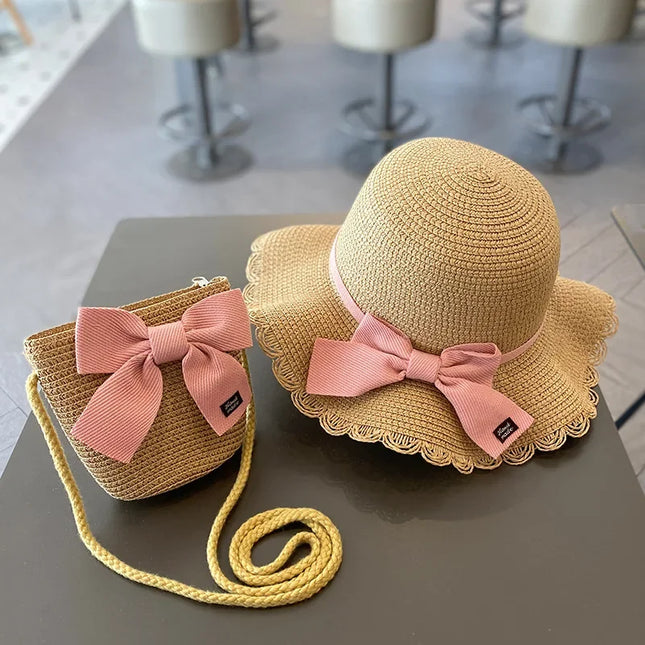 Verão Meninas Praia Chapéus De Sol Lótus Folha Brim Bonito Squinting Olhos Bowknot Outdoor Sun Protection Crianças Cap Palha Crianças