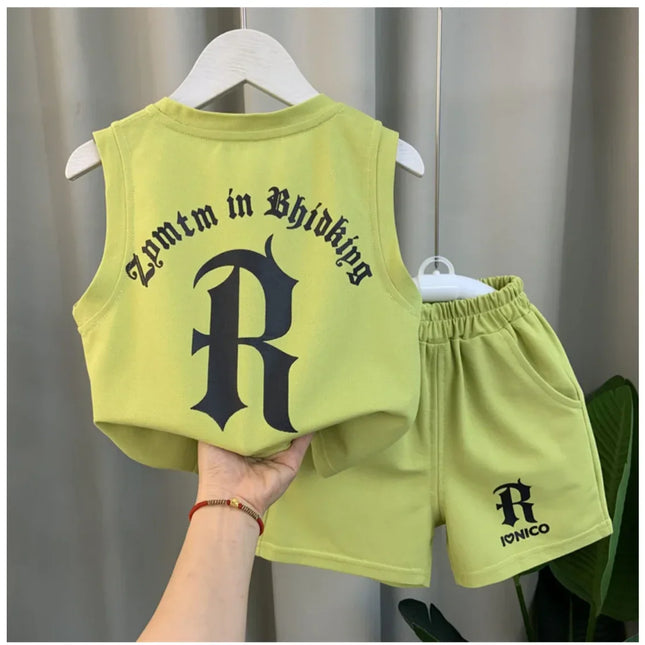 Conjunto de roupas de verão das crianças 2024 nova moda meninos e bebês sem mangas camiseta shorts 2 peças meninas conjunto esportivo casual