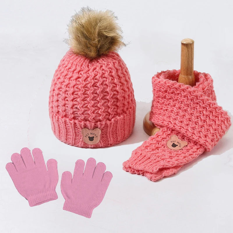 Kids Hat Scarf and Snow Gloves Set, Malha, Quente, Macio, Ao ar livre, Meninos, Meninas, Crianças, Inverno, 3pcs