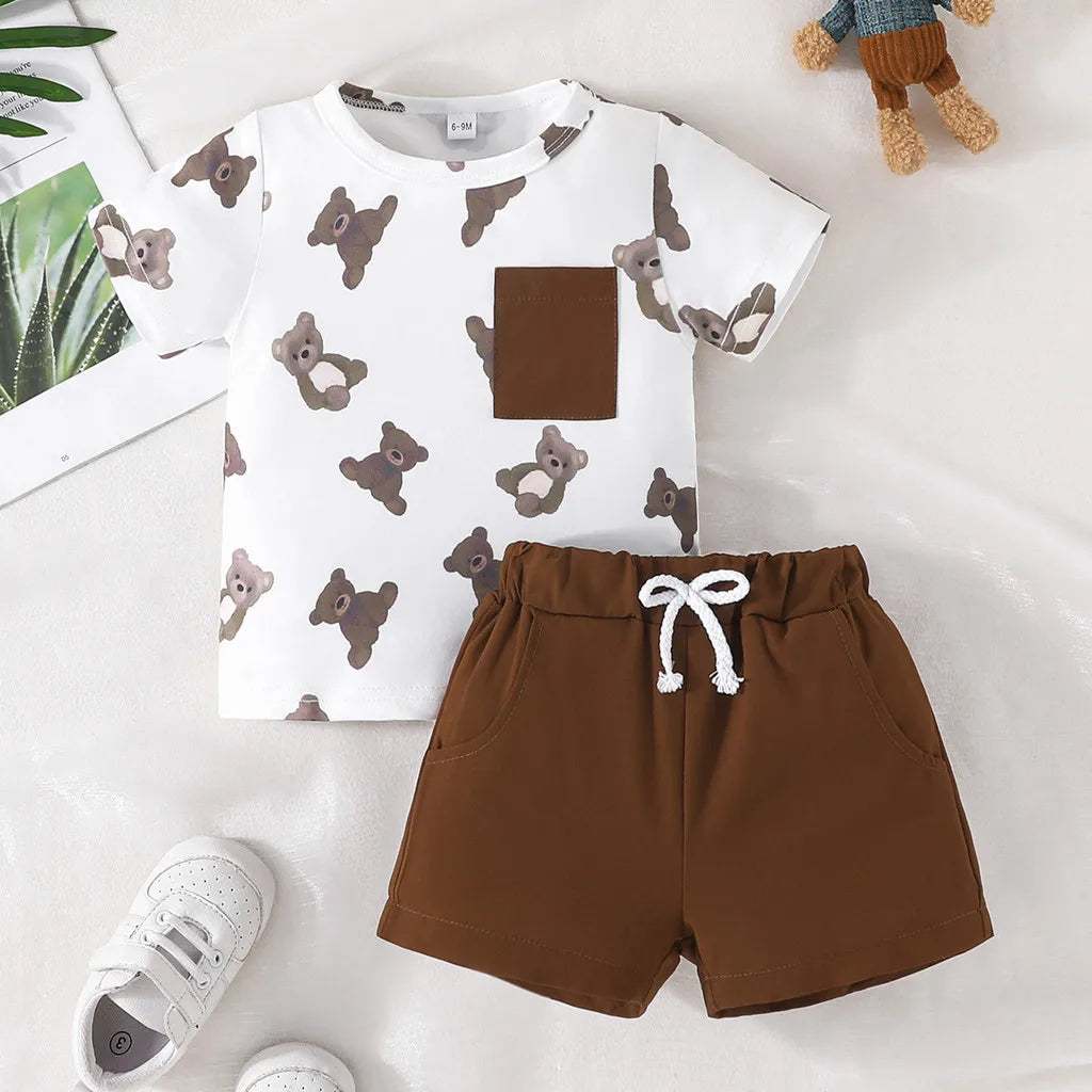 Urso bonito camiseta de manga curta e shorts, Terno para garoto menino e menina, 6 meses a 4 anos, verão