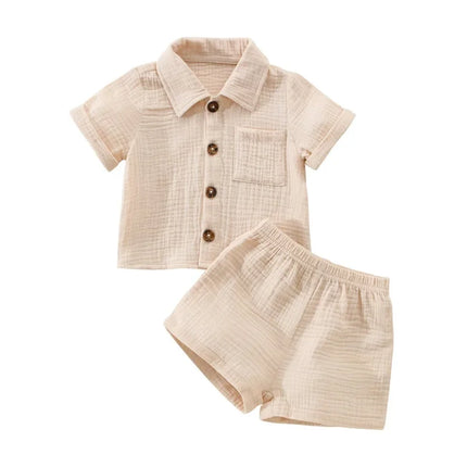 Roupas casuais de linho algodão para crianças, manga curta, botão de bolso, shorts e camisa de lapela, roupas de verão para meninos, 2 peças