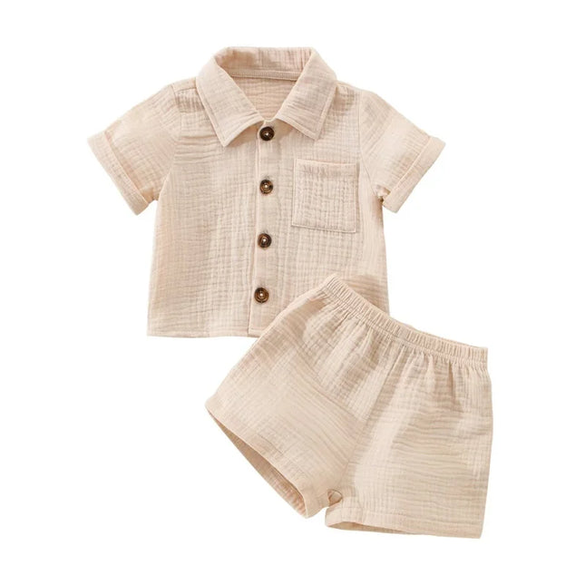 Roupas casuais de linho algodão para crianças, manga curta, botão de bolso, shorts e camisa de lapela, roupas de verão para meninos, 2 peças