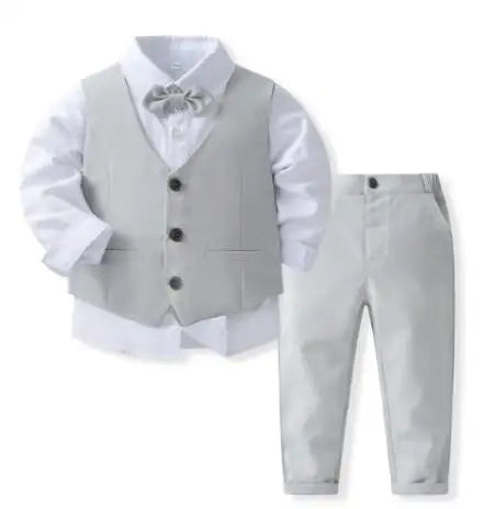 Roupas de cavalheiro traje de aniversário para meninos crianças primavera outono boutique conjunto de roupas colete sólido terno crianças algodão formal veste