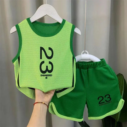 Conjunto esportivo de duas peças para meninos, roupa de secagem rápida de bebê regata elegante, framboesa e bonito infantil, roupas de verão, 2023, novo